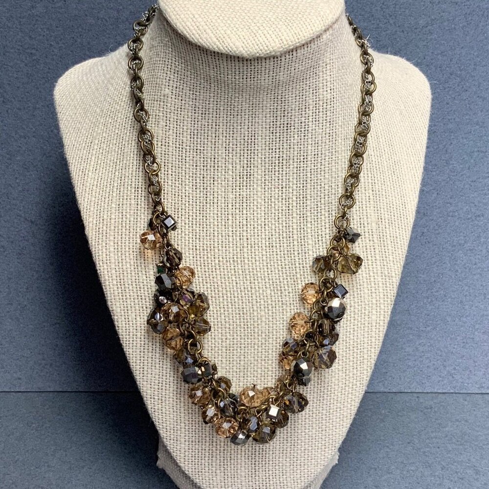 Loft Smoky Iridescent Necklace 18 In Beaded Brass Silver Chain Faceted Chunky - Picture 1 of 9